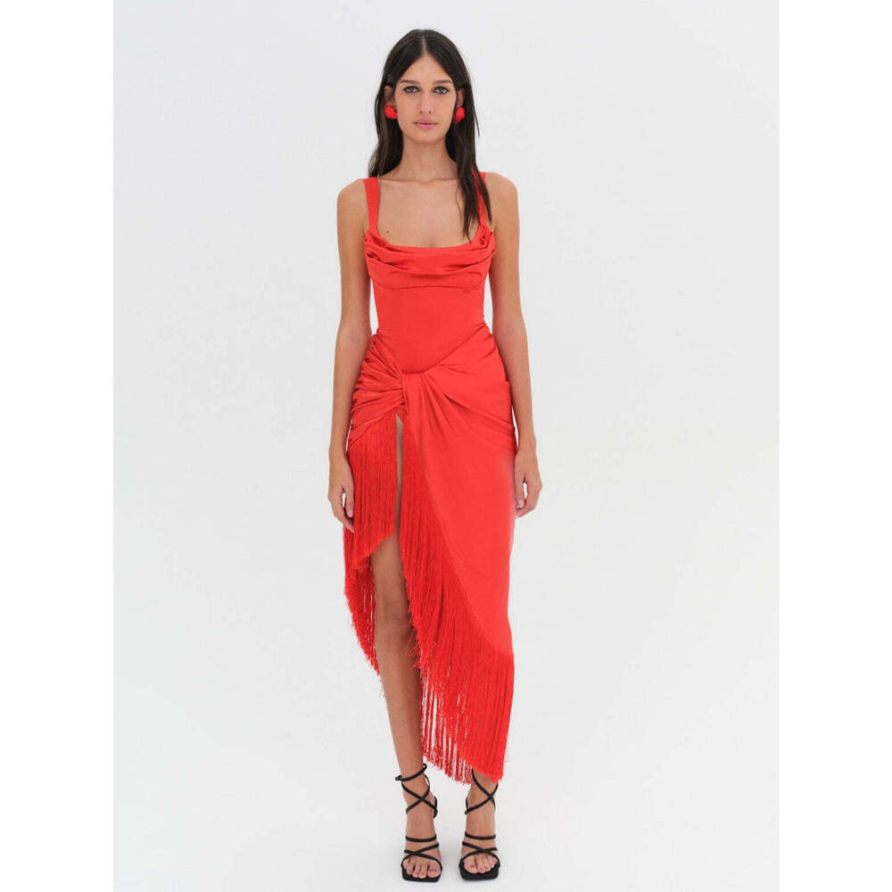 For Love & Lemons Anisa Fringe Midi Dress Size MM / Red